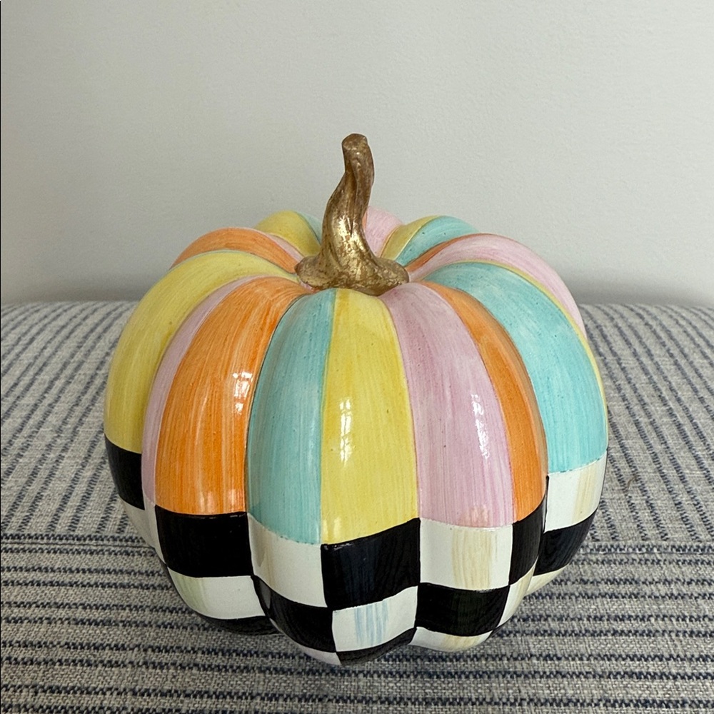 MacKenzie-Childs Cotton Candy Check and Stripe Pumpkin-New in box - Picture 2 of 4